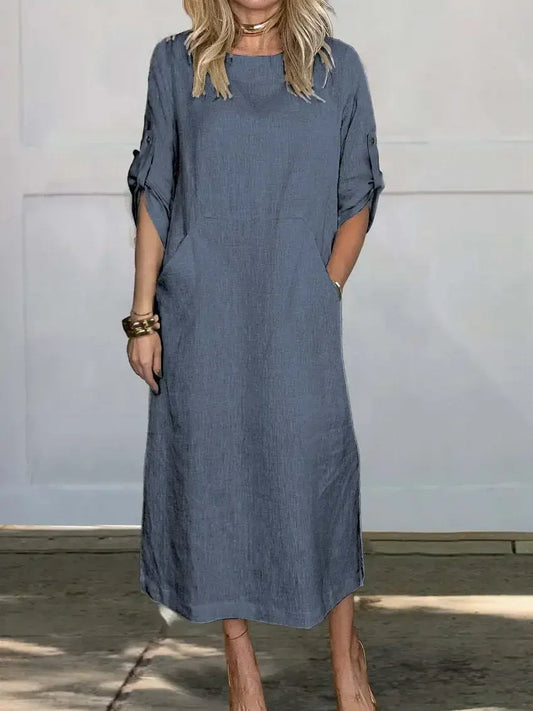 Emma™ - Casual Linen Midi Dress - Short Sleeves, Summer Comfort