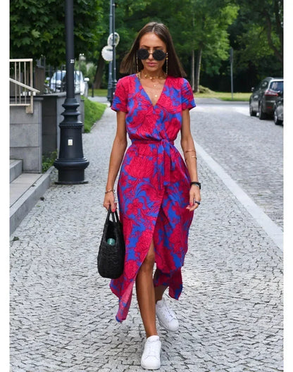 Amara™ - Floral V-Neck Side Slit Midi Dress