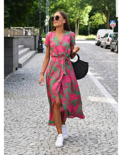 Amara™ - Floral V-Neck Side Slit Midi Dress