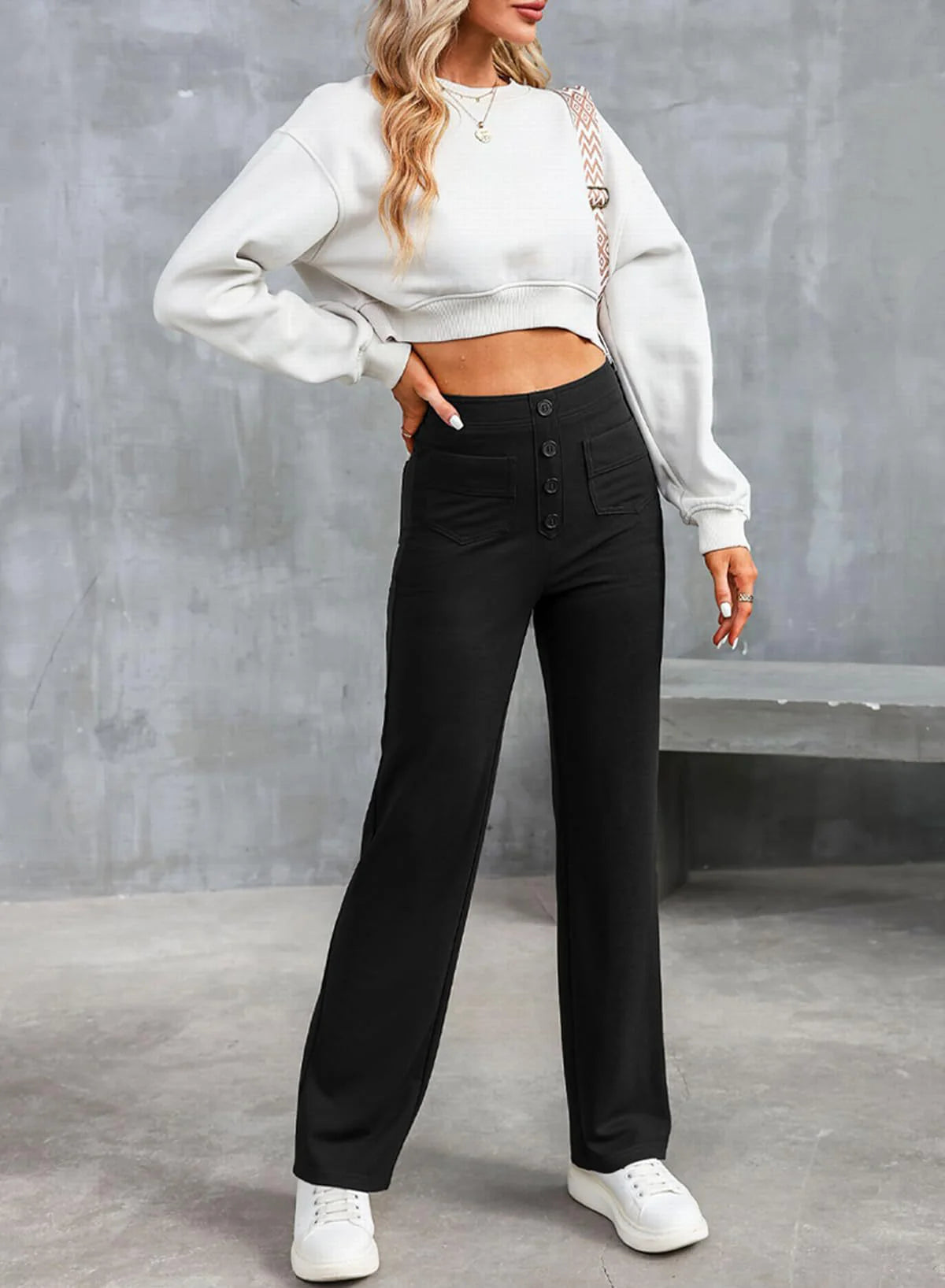 Inès - High-waisted, buttoned and elegant wide-leg pants