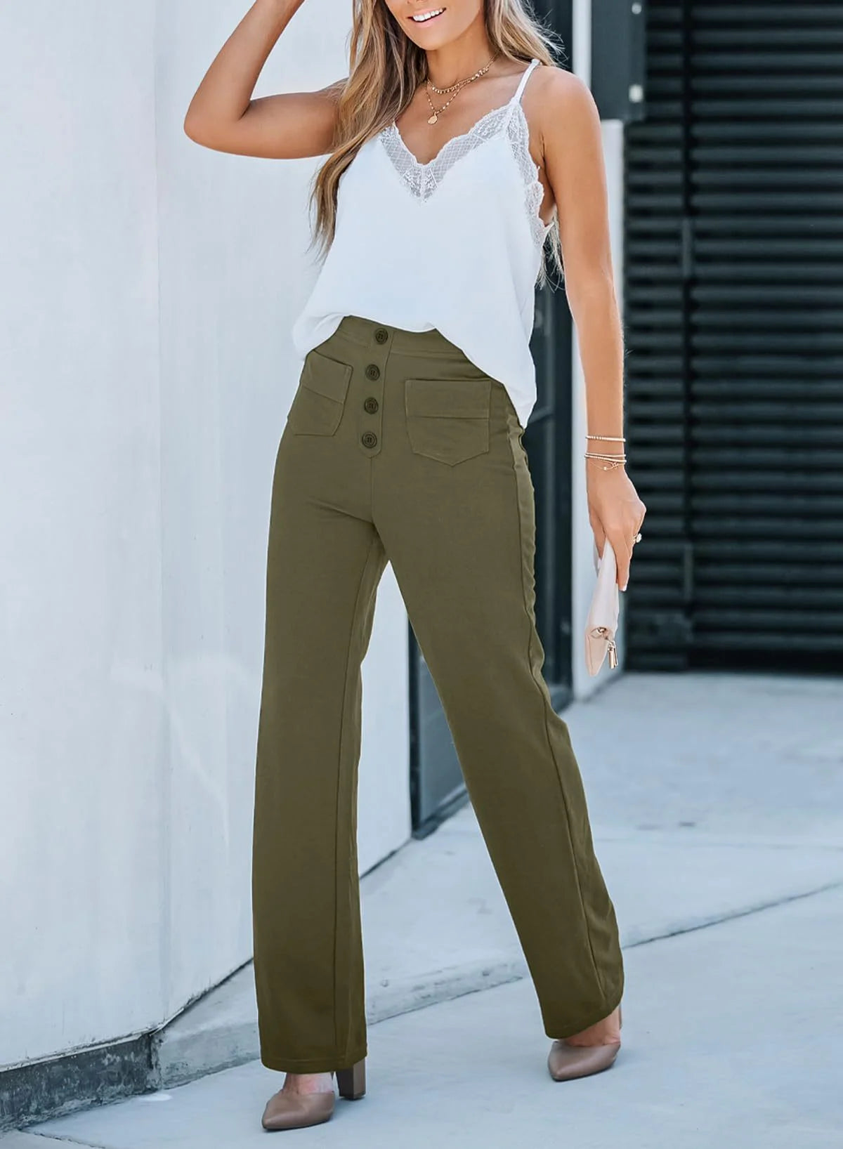 Inès - High-waisted, buttoned and elegant wide-leg pants